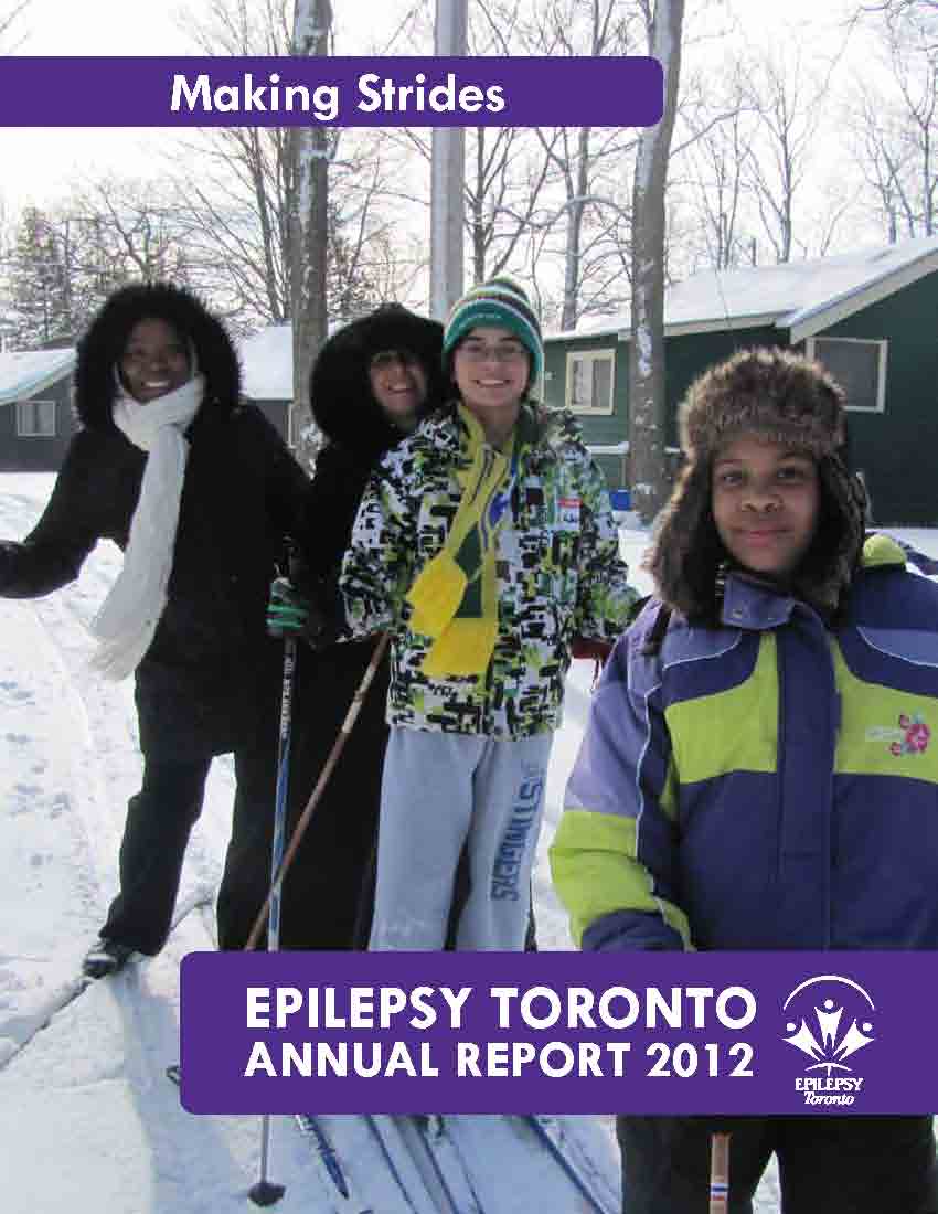 Photo of two adults and two children on skis on the cover page of Epilepsy Toronto 2012 Annual Report