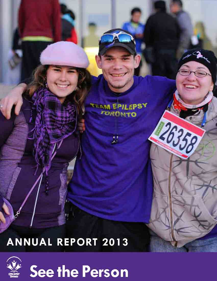 Three adults with their arms around each other smiling on cover page of Epilepsy Toronto 2013 Annual Report