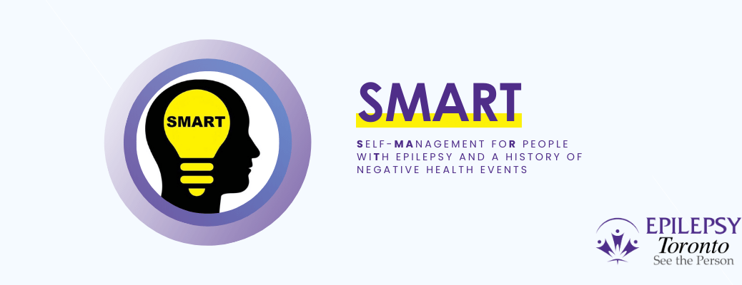 TEXT: SMART Self-Management for People with Epilepsy and a History of Negative Health Events. IMAGE: silouette of a head with a lightbulb where the brain is that says SMART.