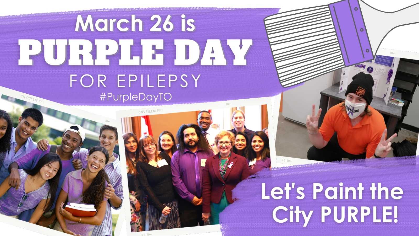 Purple paint strokes with title March 26 is Purple Day for Epilepsy, 3 images of people on Purple Day