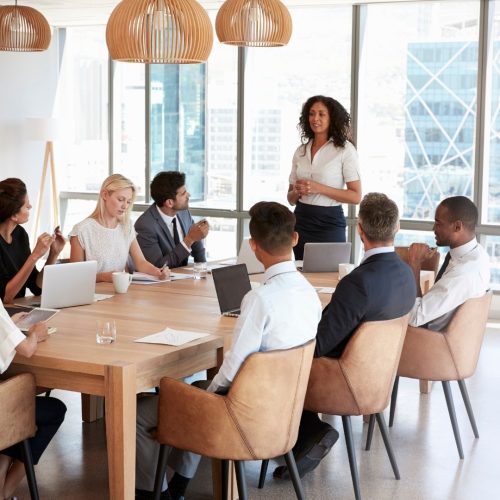 meeting at a board table with 8 people