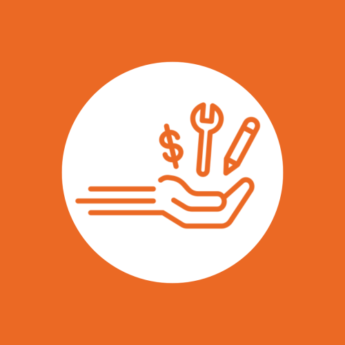 orange graphic of a hand outstretched with a dollar sign, a wrench, and a pencil floating above the open hand