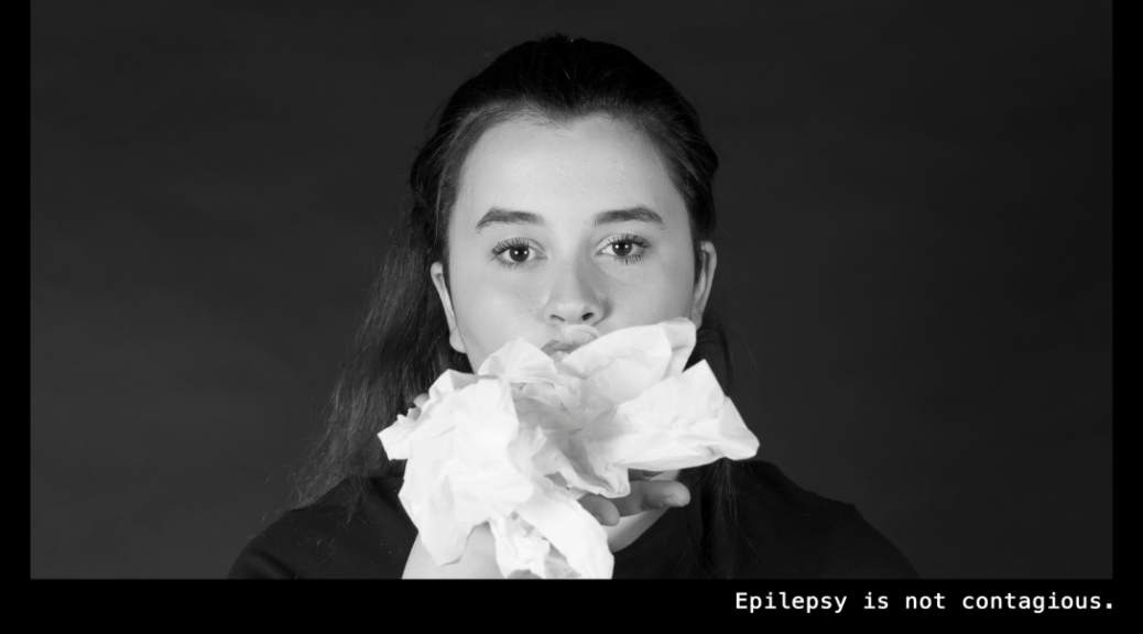 Image of a woman with facial tissues coming out of her mouth. Text: Epilepsy is not contagious.