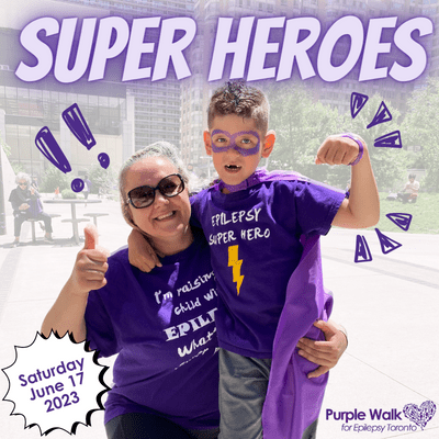 Text: Super Heroes Image of a mother and son flexing in Purple Walk gear