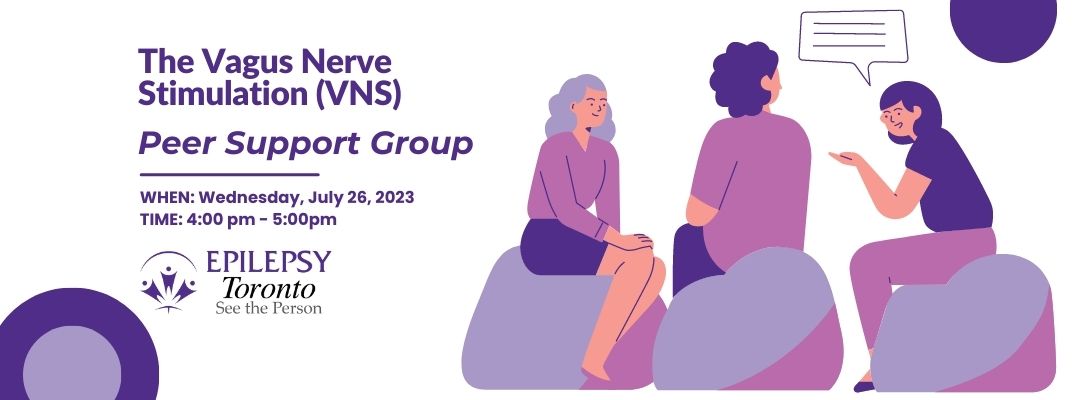Text: The Vagus Nerve Stimulation (VNS) Peer Support Group. Image: graphic of three people sitting and talking.