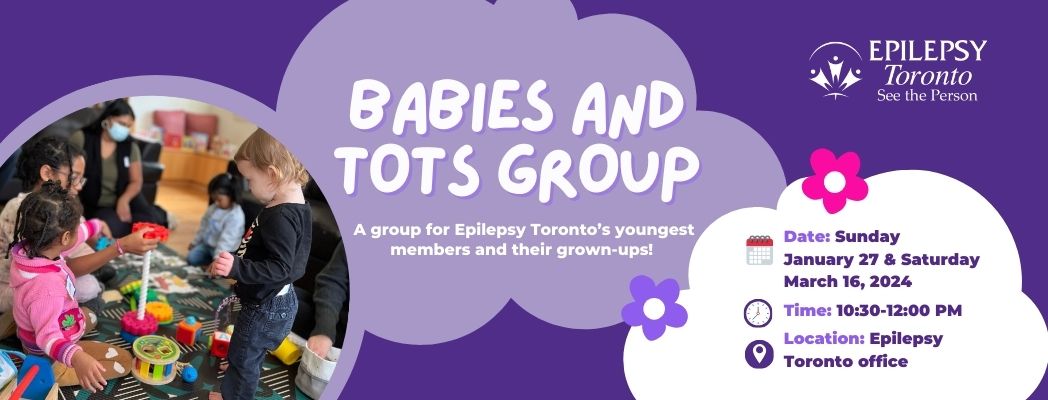 Text: Babies and tots group. Image: children and adults doing crafts on the floor together.