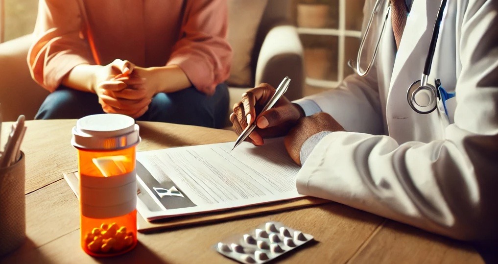 Image: a patient and doctor sit discussing medications.