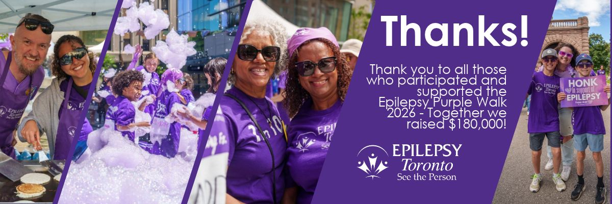 Purple Walk for Epilepsy thank-you banner featuring photos of participants enjoying the event, including a pancake breakfast, foam party, and walkers in purple shirts. Text thanks participants and supporters of the 2026 Epilepsy Toronto Purple Walk and announces that together they raised $180,000.