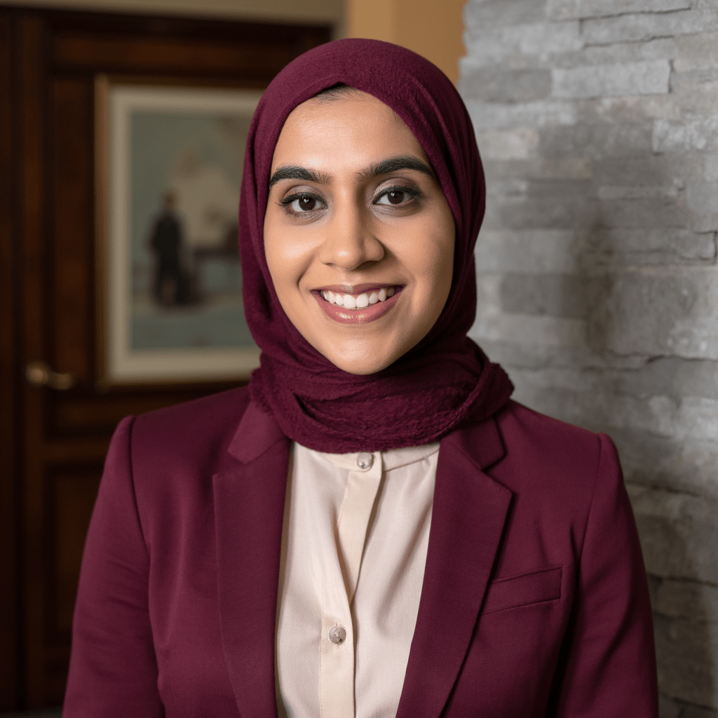 Rabia Gauri, wearing a dark red blazer and headscarf, smiles at the camera.